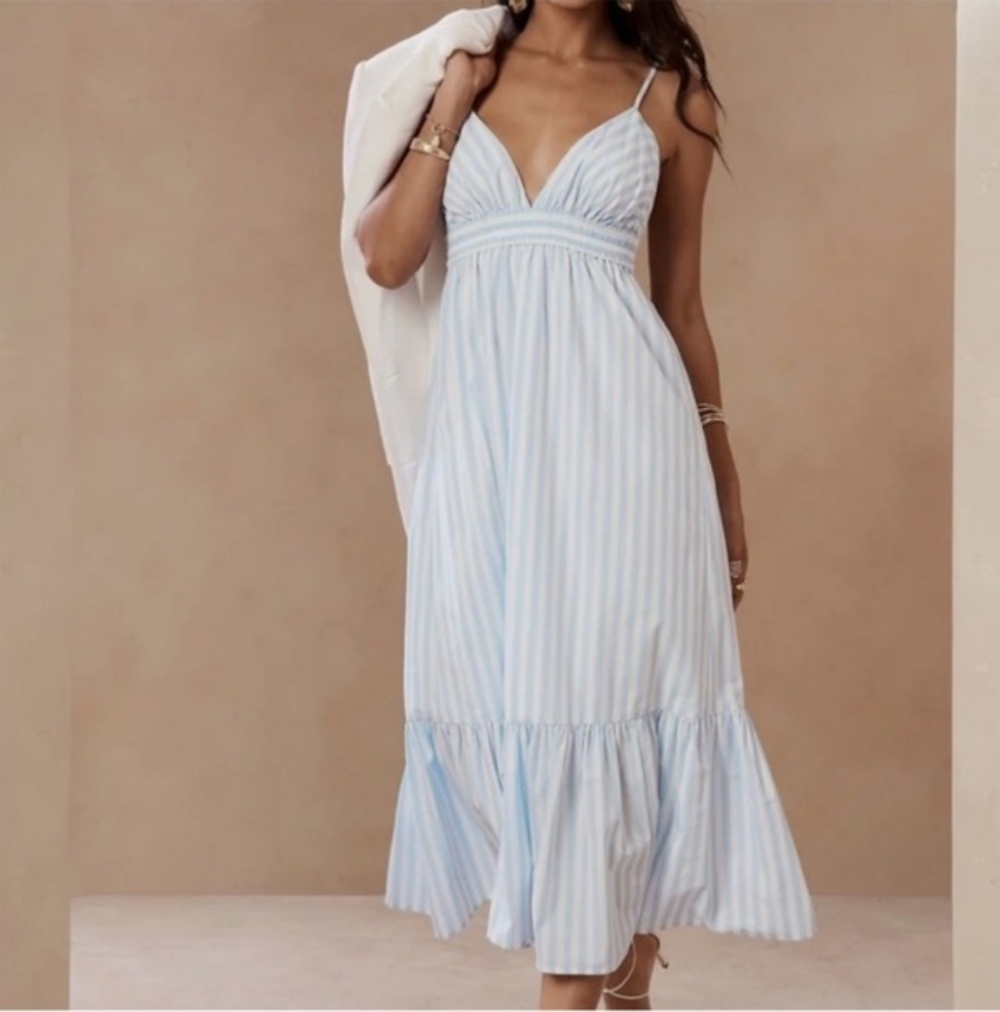 Banana Republic Cotton Poplin Maxi Dress Blue White Stripe Size L NWT